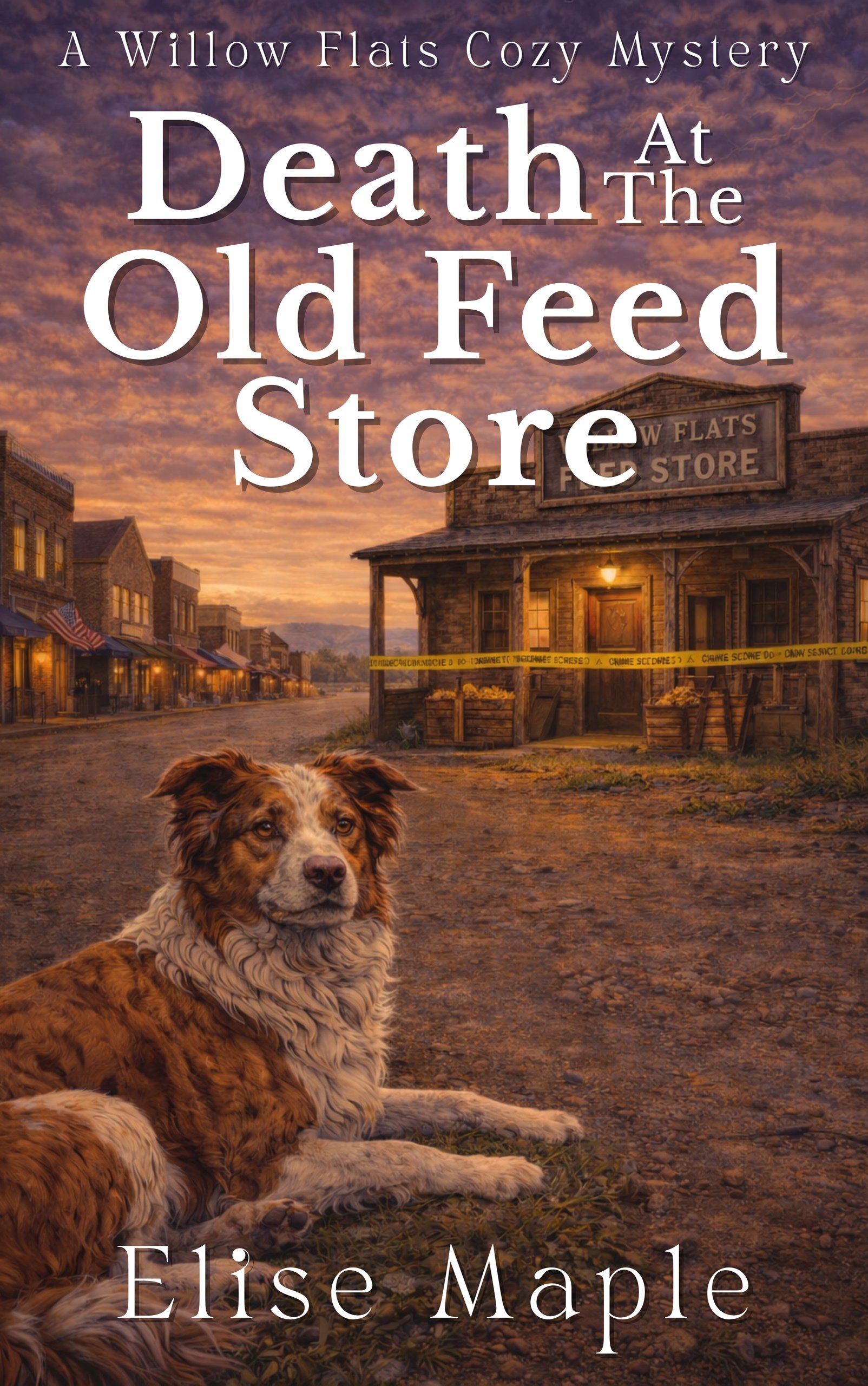 Book cover titled "Death at the Old Feed Store" by Elise Maple, featuring a rustic old feed store with a dog lying on the street during sunset.