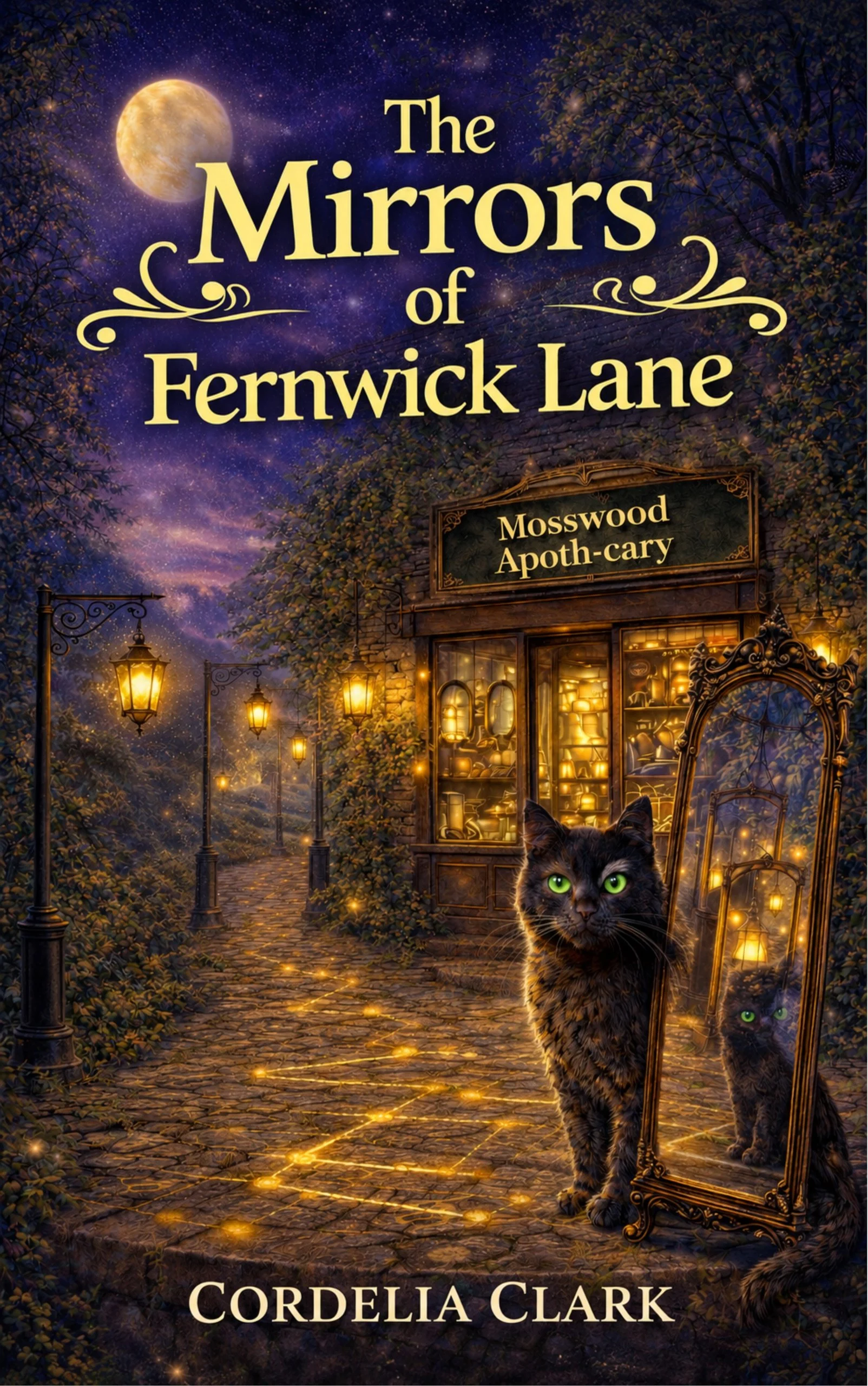 Book cover titled 'The Mirrors of Fernwick Lane' by Cordelia Clark, featuring a nighttime scene with cobblestone path, vintage street lamps, a shop named 'Mosswood Apothecary' with glowing windows, a black cat with green eyes, and a starry sky with a full moon and trees.