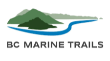 Logo of BC Marine Trails with a green mountain, blue water, and green land.