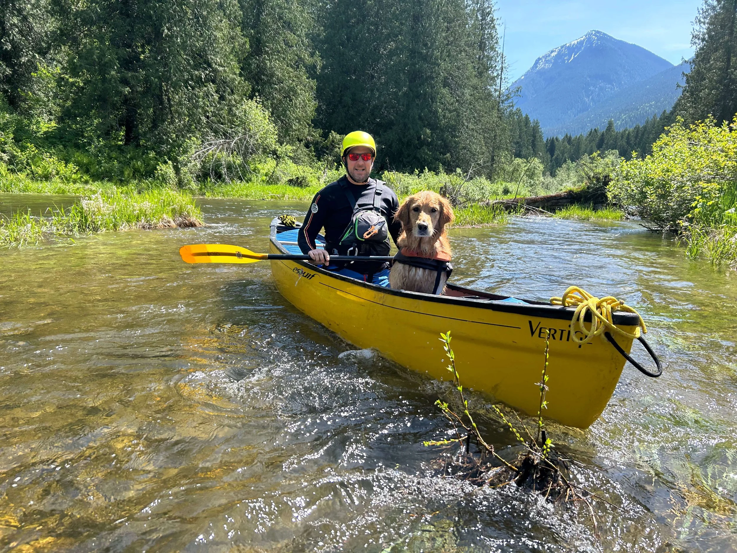 A man wearing a yellow helmet, red sunglasses, and a black shirt in a yellow canoe on a river with a dog sitting in front of him. The dog is wearing a harness. The background features lush green trees and a mountain with snow at the peak.