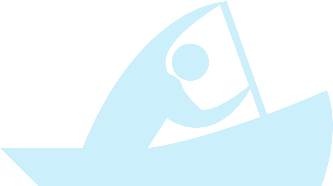 Graphic of a person holding a sailboat mast, depicted with abstract blue shapes.