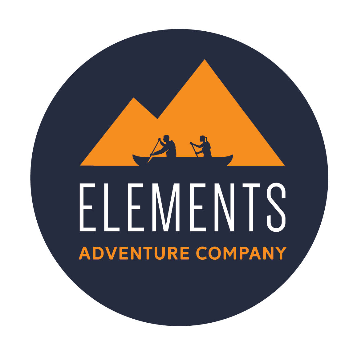 A logo for Elements Adventure Company featuring two people kayaking in front of mountain silhouettes, with the company name and tagline in orange and white text on a dark background.