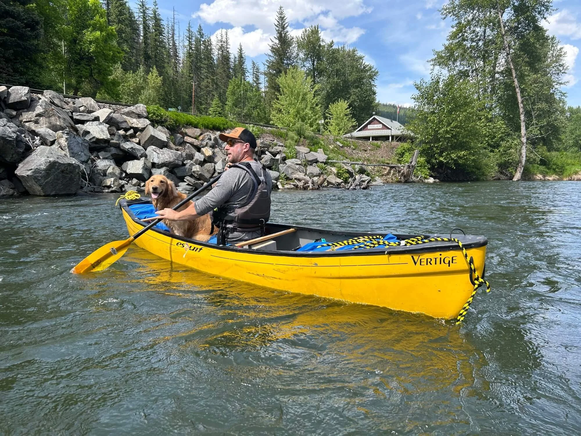 A paddler in a yellow kayak with a dog sitting in the bow on a calm BC river surrounded by forest.
