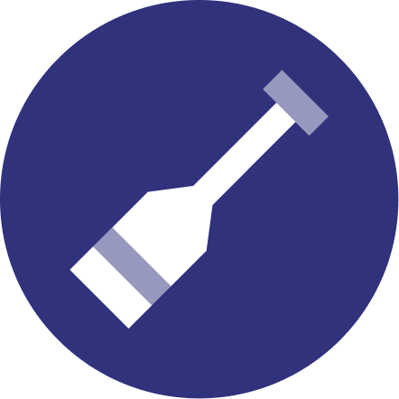 Icon of a canoe paddle with a dropper cap on a dark blue circular background.