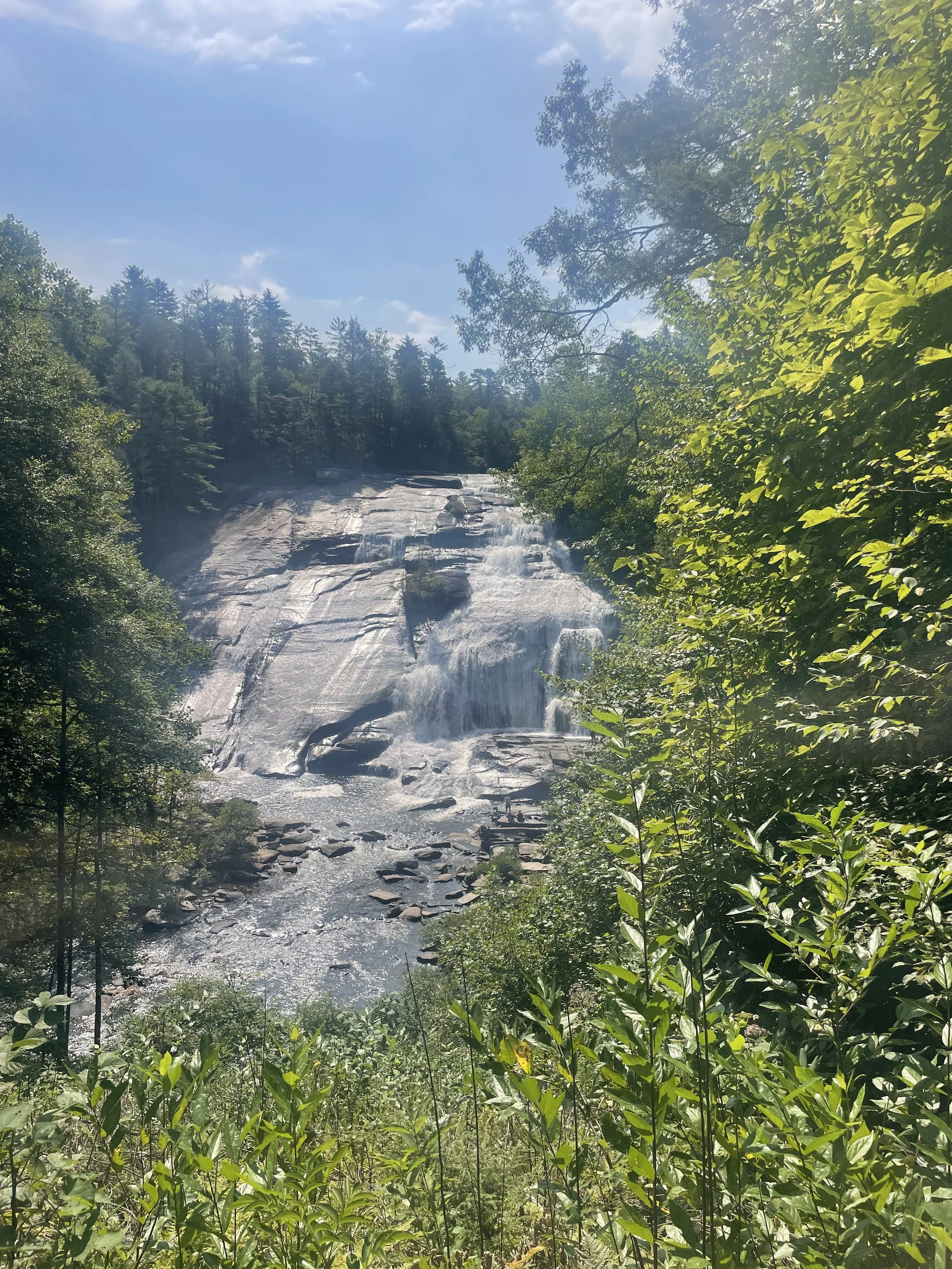 A natural scene with a waterfall cascading over rocks surrounded by lush green trees and foliage under a blue sky with some clouds.