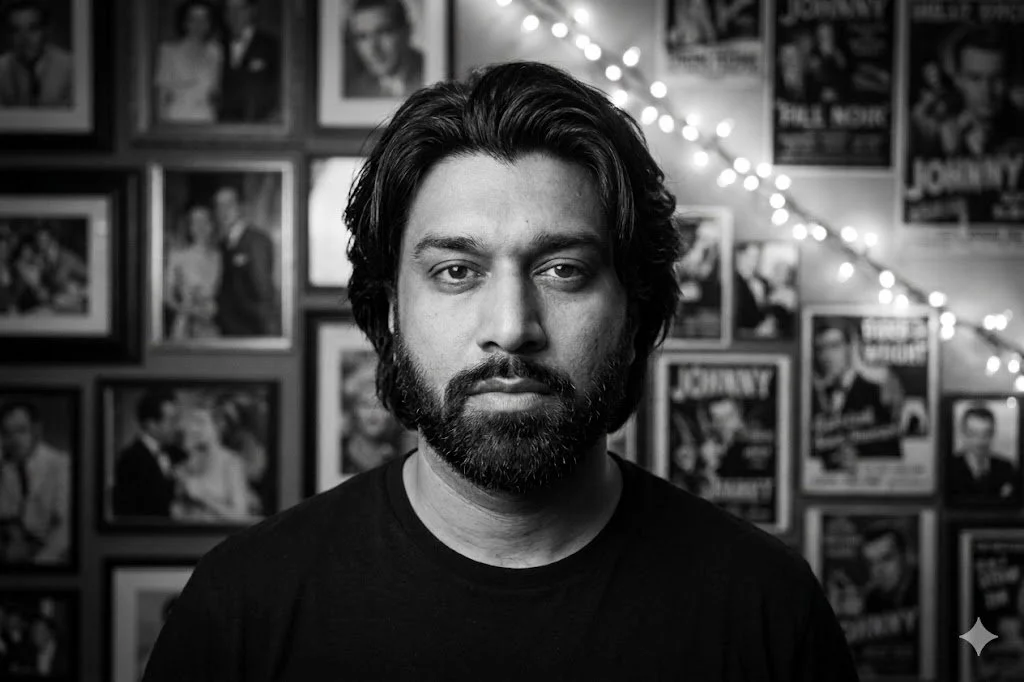 A man with medium-length dark hair and a beard, facing the camera with a serious expression. Background features framed photos and posters, with string lights hanging on the wall.
