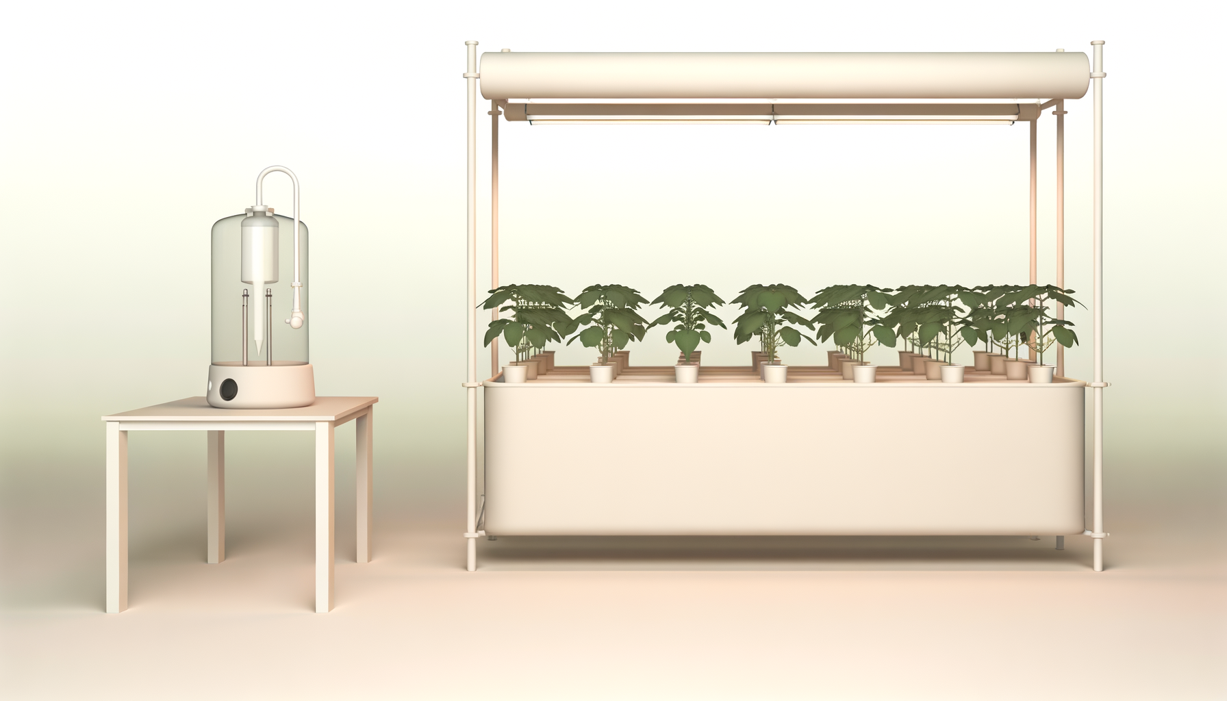 Indoor plant growth chamber with several potted plants and a humidifier on a table.