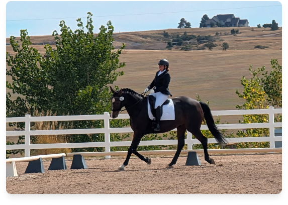 A rider in black riding attire and a helmet riding a dark horse with a white saddle pad on an outdoor riding arena with a white fence, trees, and a hill with a house in the background.