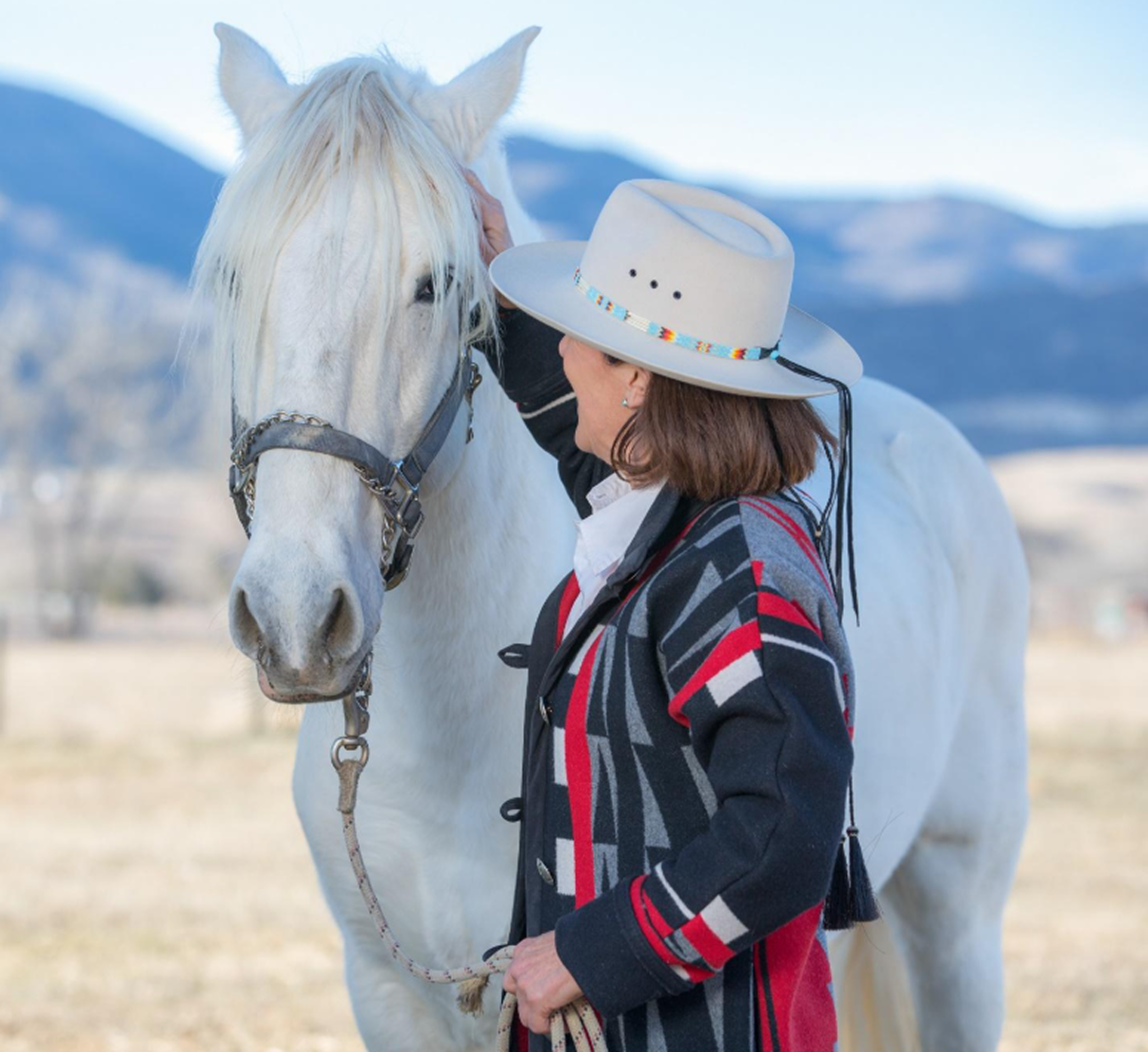 A person wearing a striped jacket and a wide-brimmed hat with colorful details is petting or touching a white horse with a long mane, in a snowy outdoor landscape with mountains in the background.