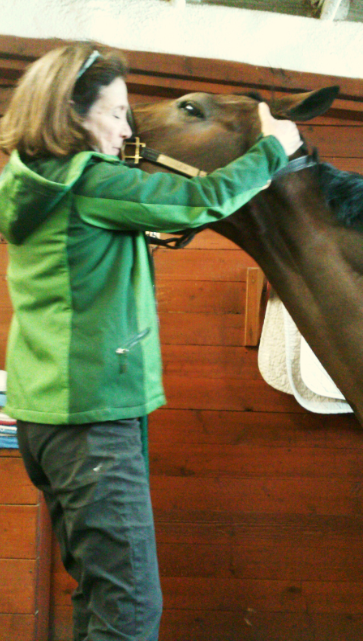 A woman in a green jacket petting a horse's head inside a stable.