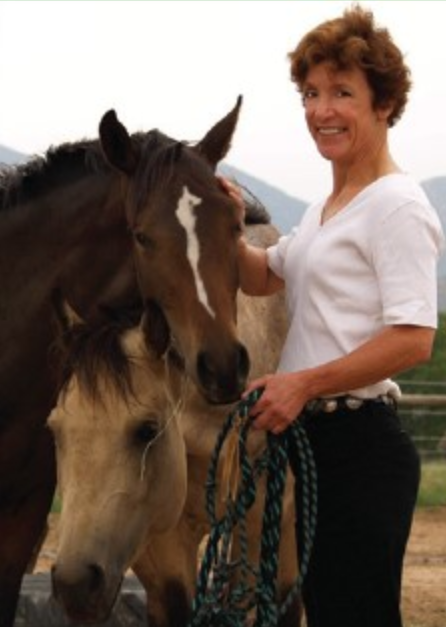 A woman in a white shirt smiling and holding the leashes of two horses, one dark brown and one light tan, in an outdoor setting with a fence and mountains in the background.