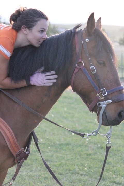 A woman is hugging and kissing a brown horse with a black mane on the neck during sunset or early evening outdoors.