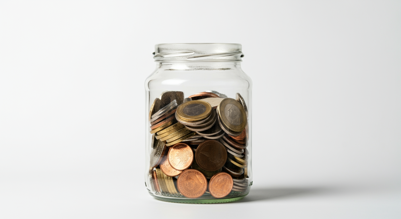 A glass jar filled with various coins, including pennies, nickels, dimes, and quarters.