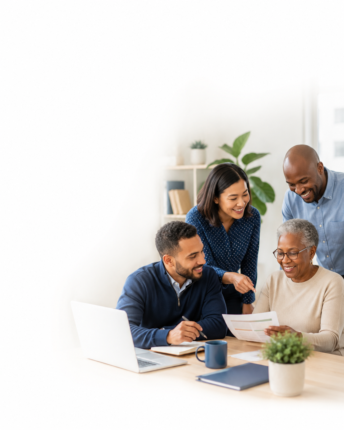 Four diverse adults gathered around a table, looking at documents and smiling during a work meeting or discussion in a bright, modern office.