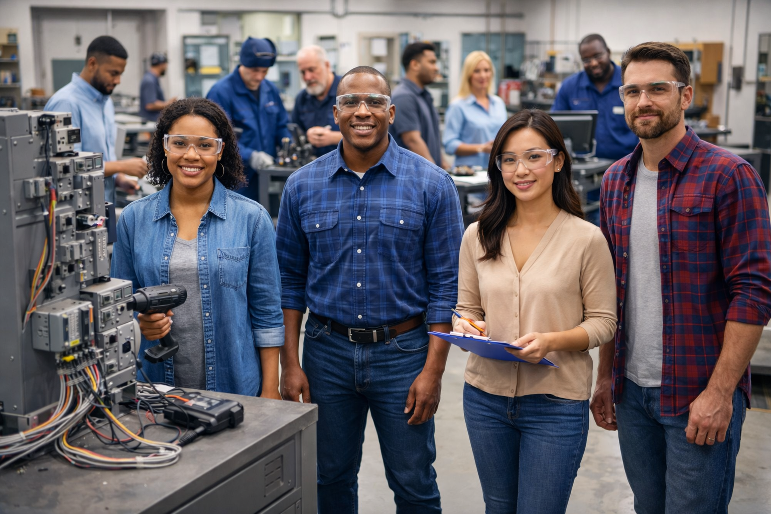 A diverse group of four young professionals wearing safety glasses, standing in a laboratory or workshop, smiling at the camera. There are more people working with equipment in the background.