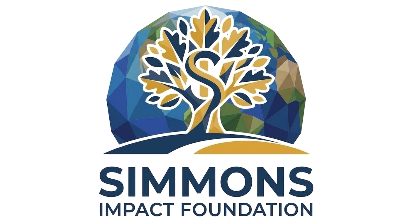 Logo of the Simmons Impact Foundation featuring a tree with blue and gold leaves inside a gear shape, with the foundation's name below.
