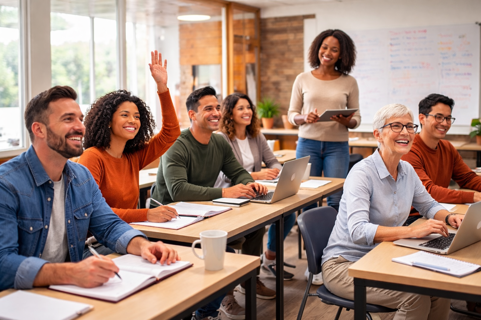 A diverse group of adults attending a workshop in a bright classroom, with some raising hands to participate, seated at desks with notebooks and laptops, while an instructor stands nearby.