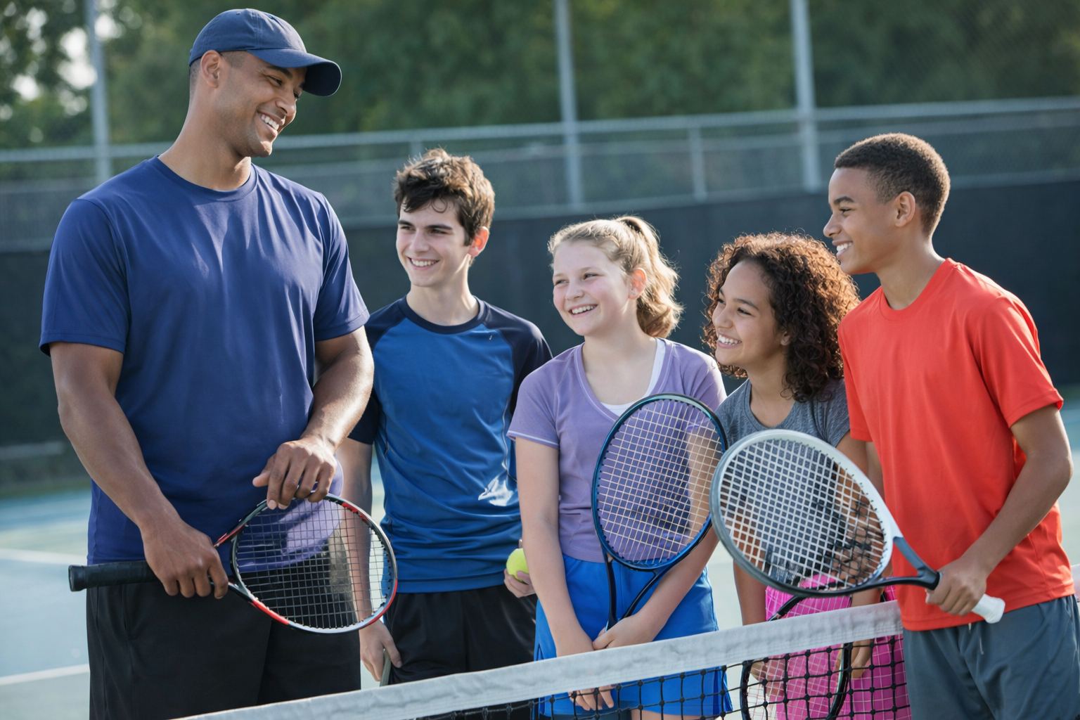 A tennis coach with four children holding tennis rackets on a tennis court, smiling.