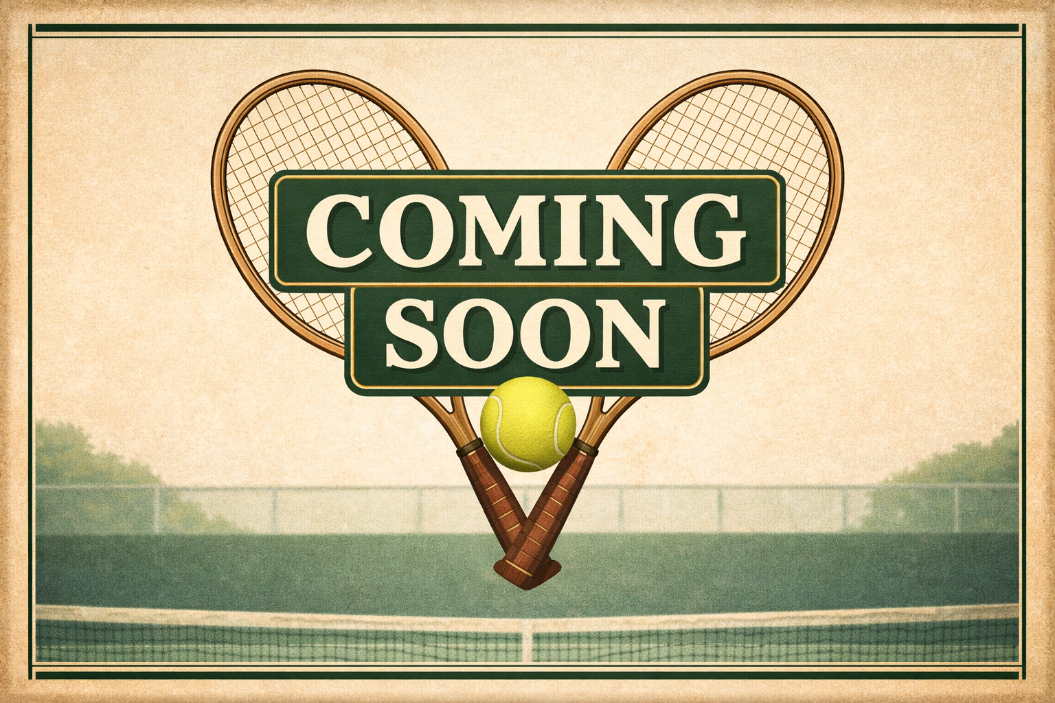 Vintage-style sign with a tennis theme displaying the words 'Coming Soon' behind crossed tennis rackets and a tennis ball on a tennis court.