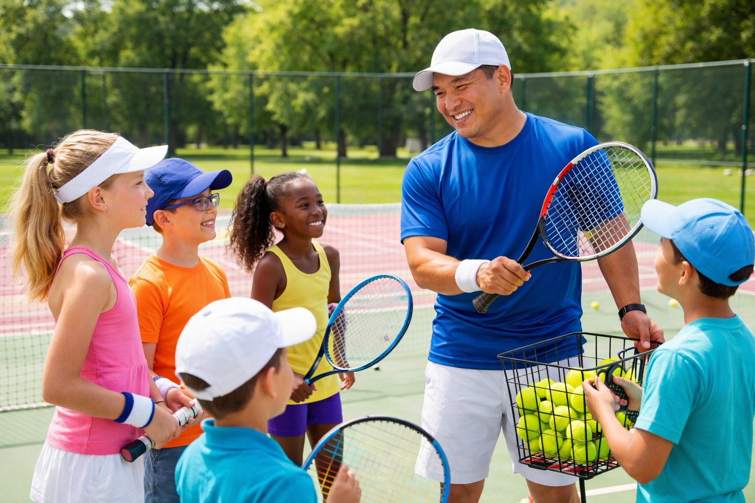 Tennis coach giving instructions to young children on a tennis court with tennis balls in basket, trees in background