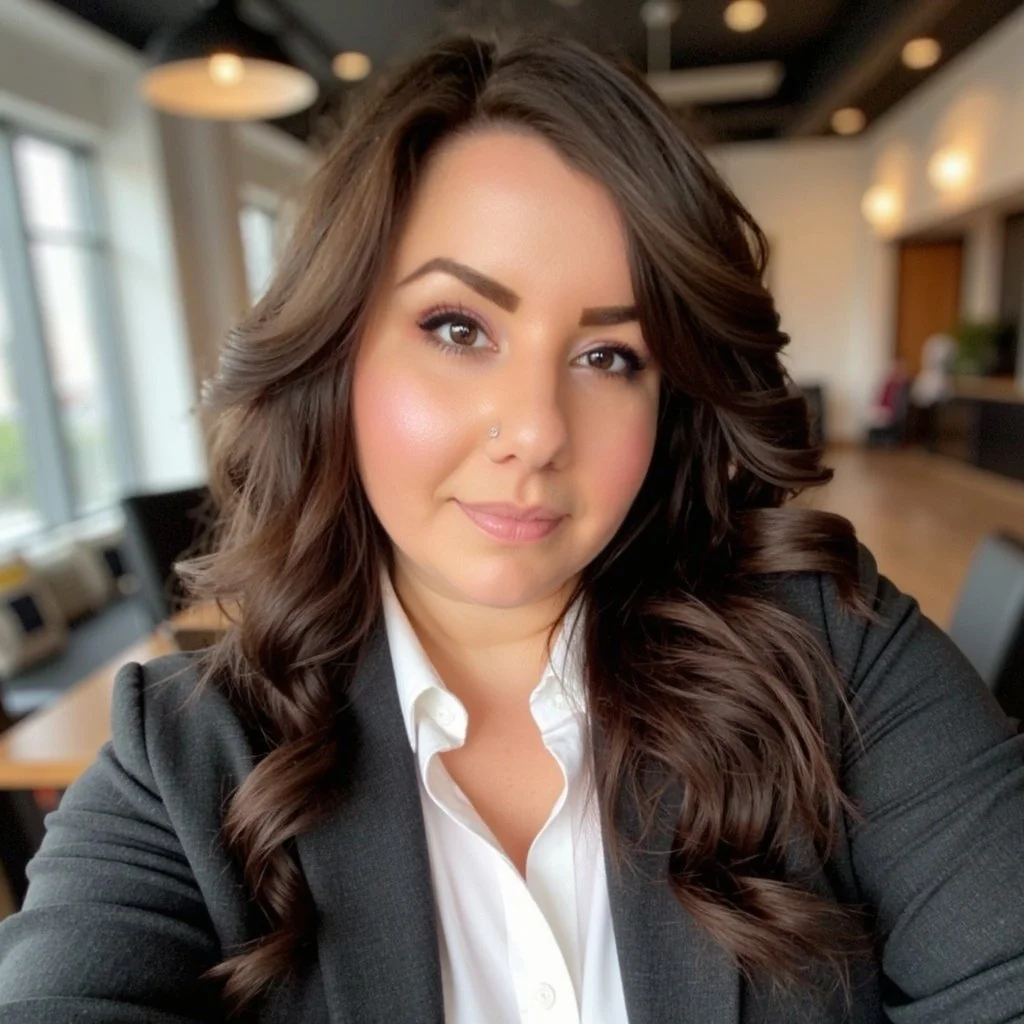 A young woman with long, wavy brown hair, wearing a black blazer and white shirt, smiling in an indoor setting with large windows and warm lighting.