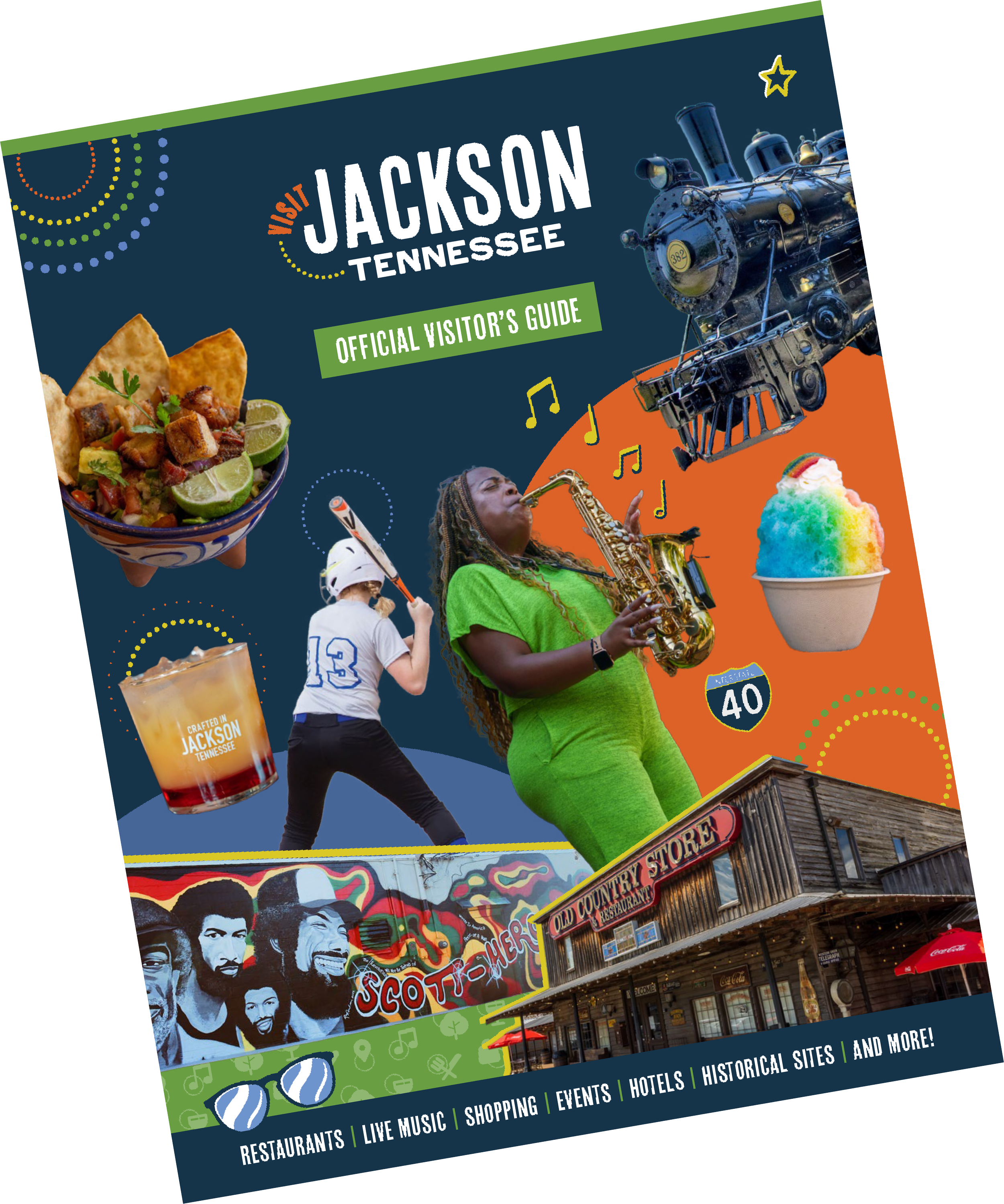 Cover of a visitor's guide to Jackson, Tennessee, featuring a collage of images and graphics