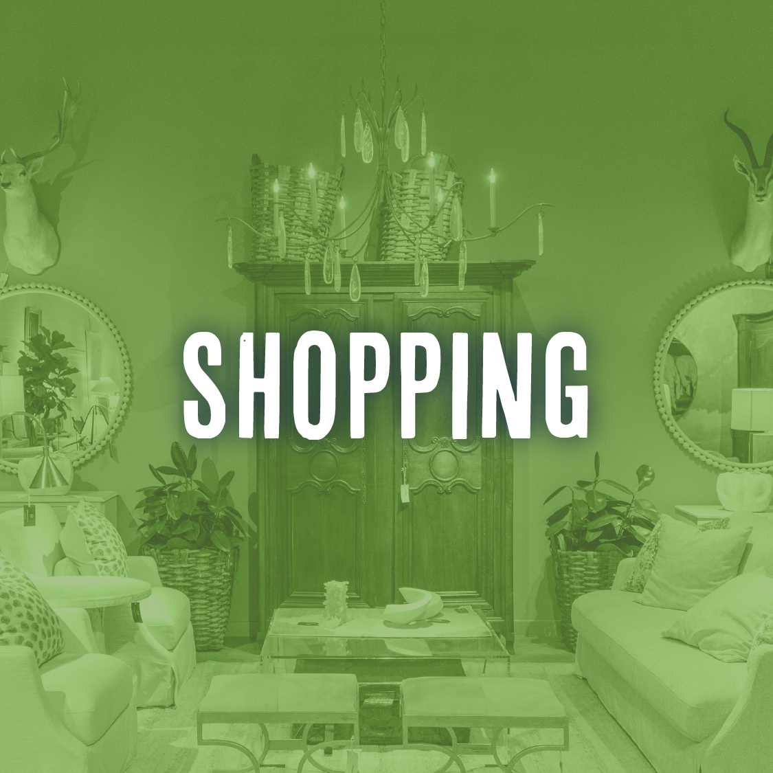 Living room show room interior with sofas, plants, wall mirrors, decorative objects, and taxidermy deer heads, with the word 'Shopping' overlayed.