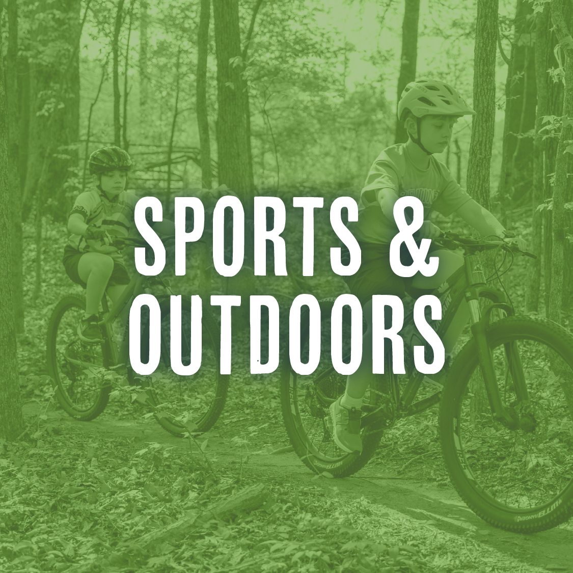Children riding bikes on a forest trail, wearing helmets, with a green overlay and the text "Sports & Outdoors".