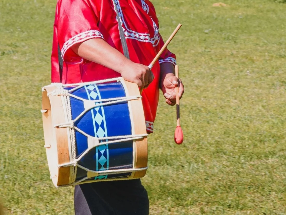 Person holding a traditional drum and drumsticks, standing on grass field.