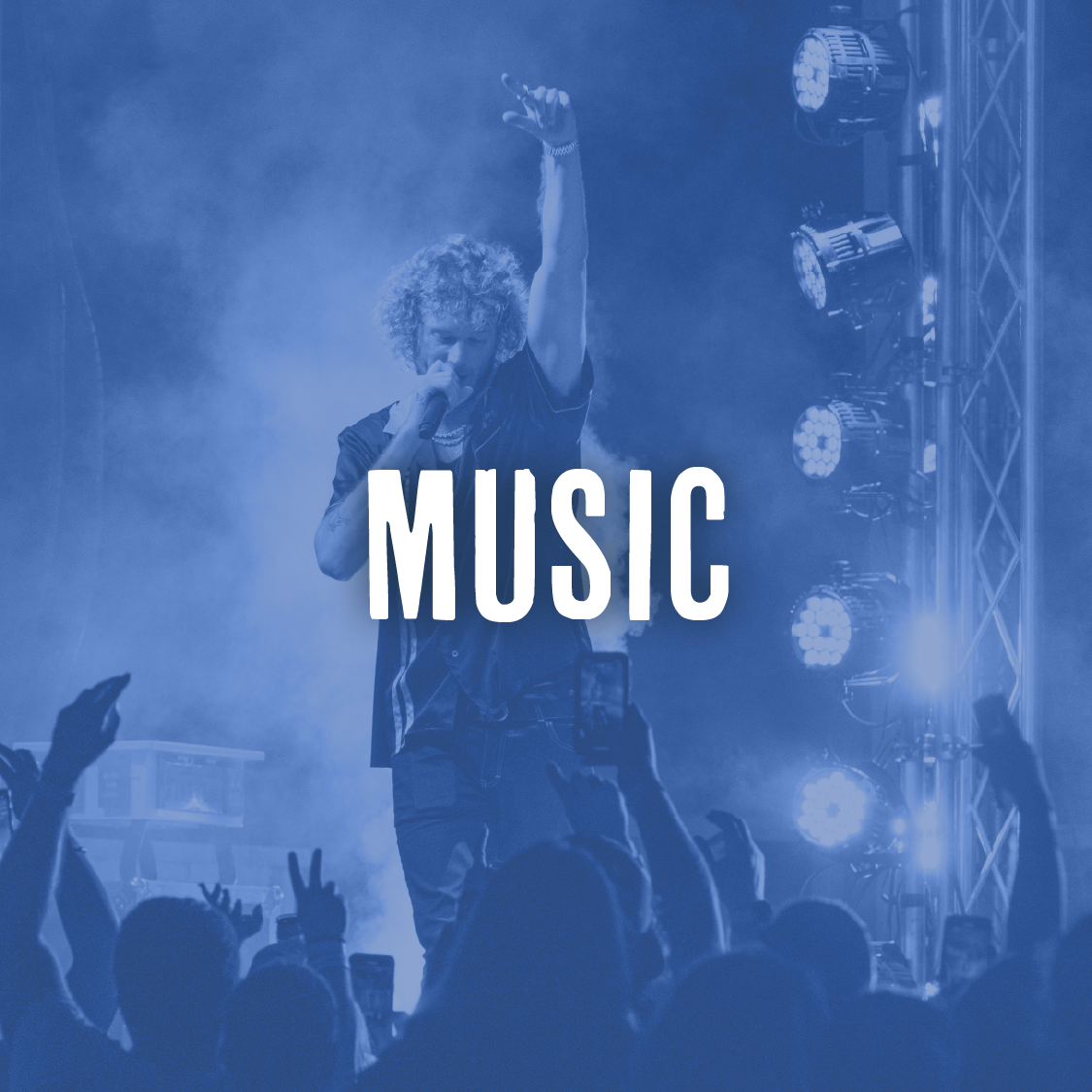 A performer singing on stage with a microphone, surrounded by concert lighting and an audience with raised hands, with the word 'MUSIC' overlaid.