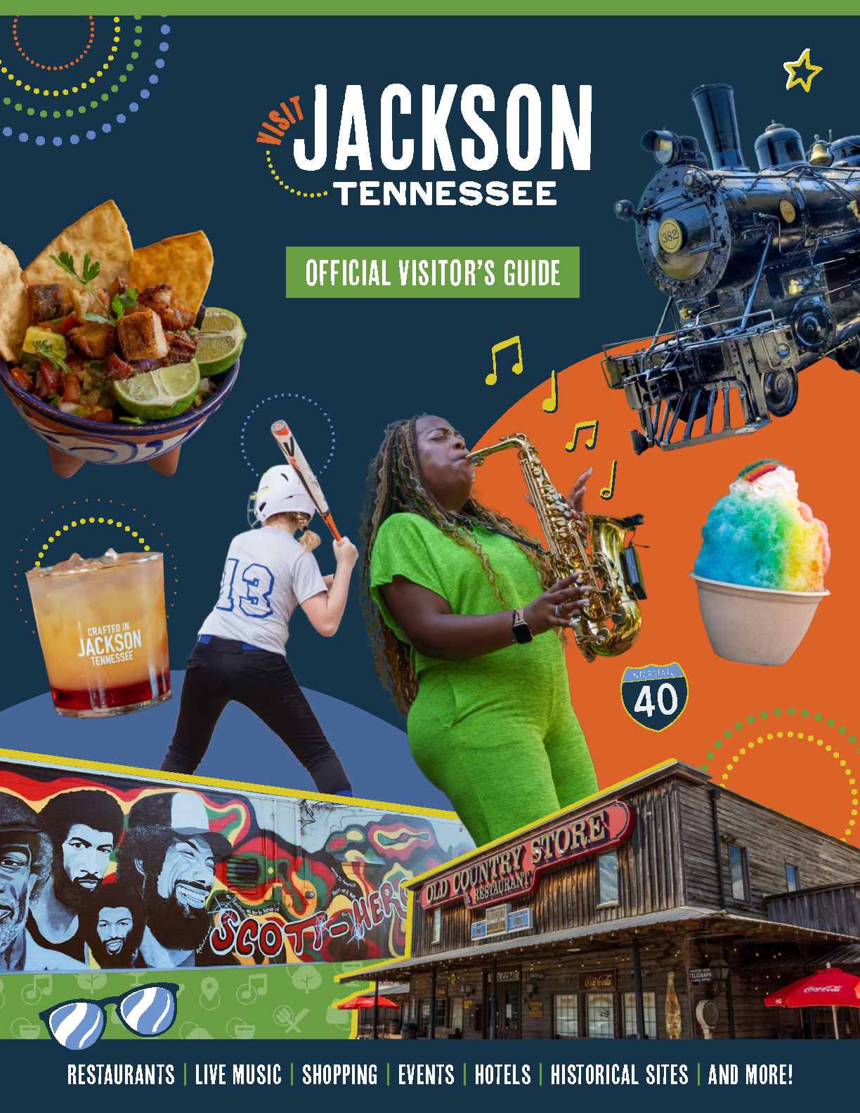 Jackson, Tennessee official visitors guide cover featuring a collage of photos and graphic elements