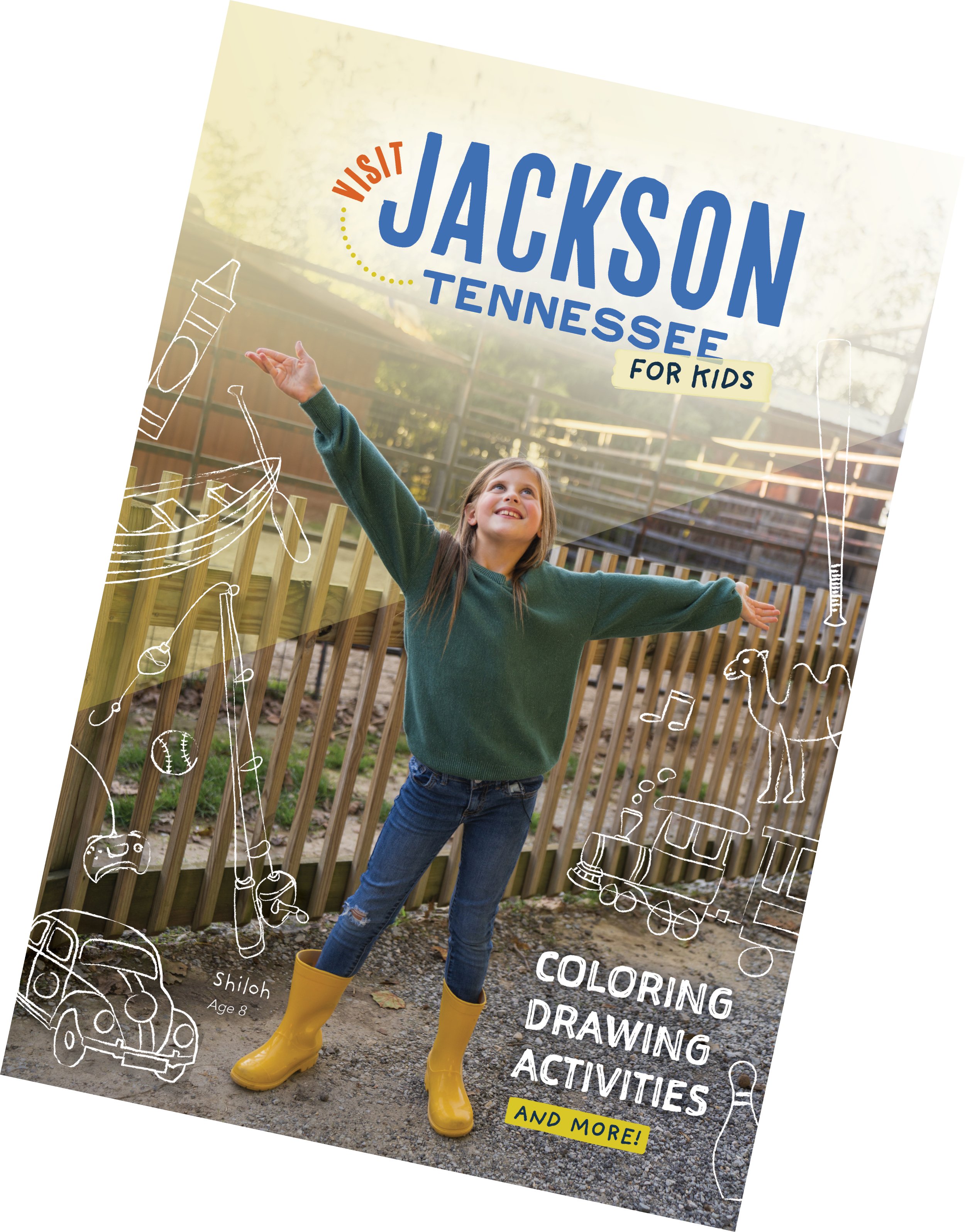 cover of a kids' visitor's guide for Jackson, TN featuring a girl holding out her arms surrounded by doodles