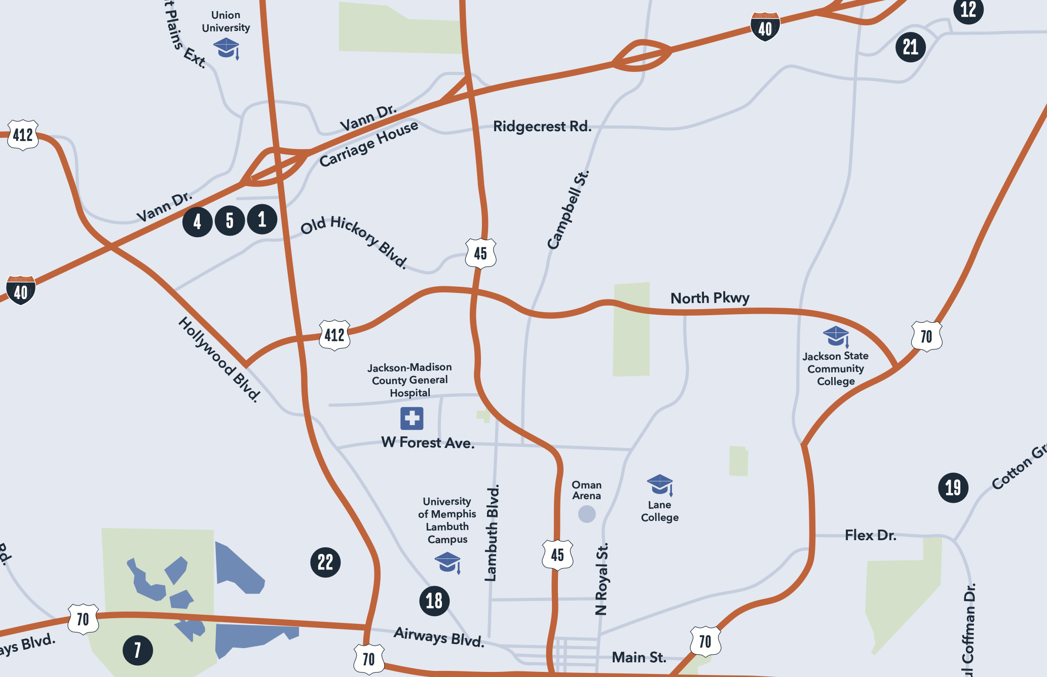 map of Jackson with a light blue background showing attractions marked with numbers