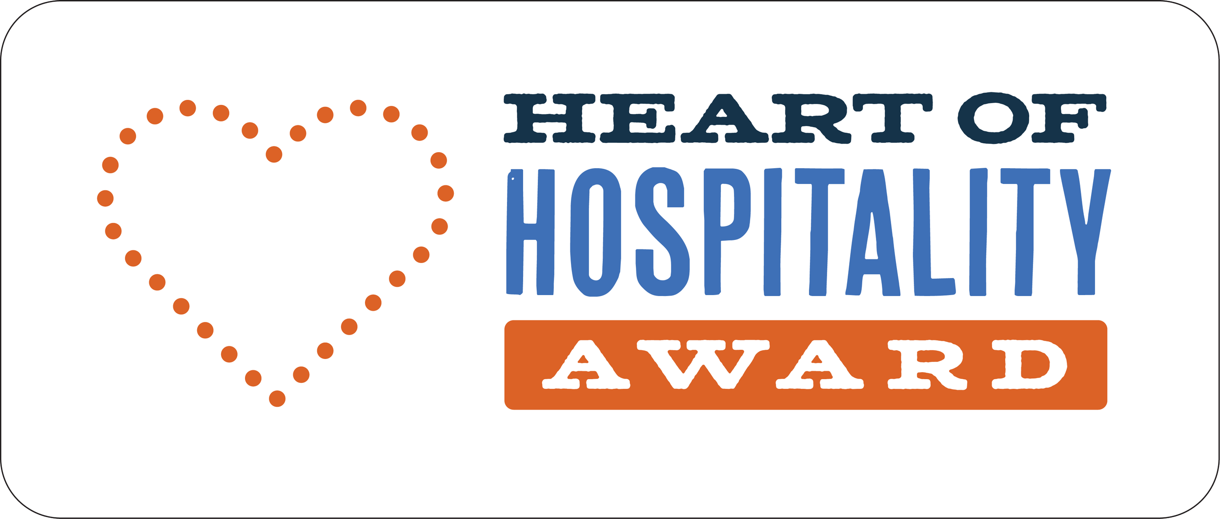 Logo for Heart of Hospitality Award featuring a dotted heart shape on the left, with text 'HEART OF HOSPITALITY' in dark blue, and 'AWARD' in white on an orange background.
