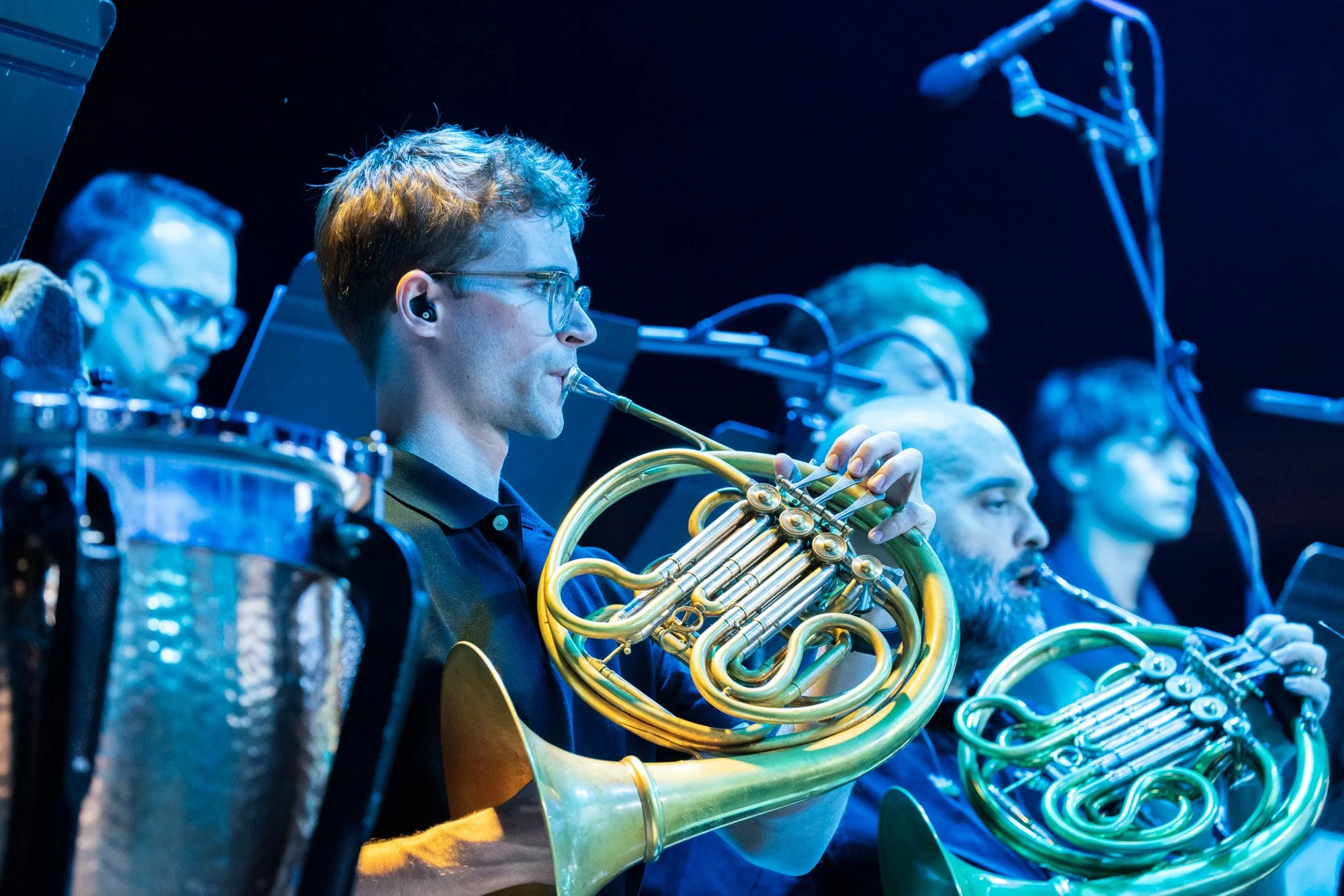Group of musicians playing brass instruments, including French horns, on stage during a performance.