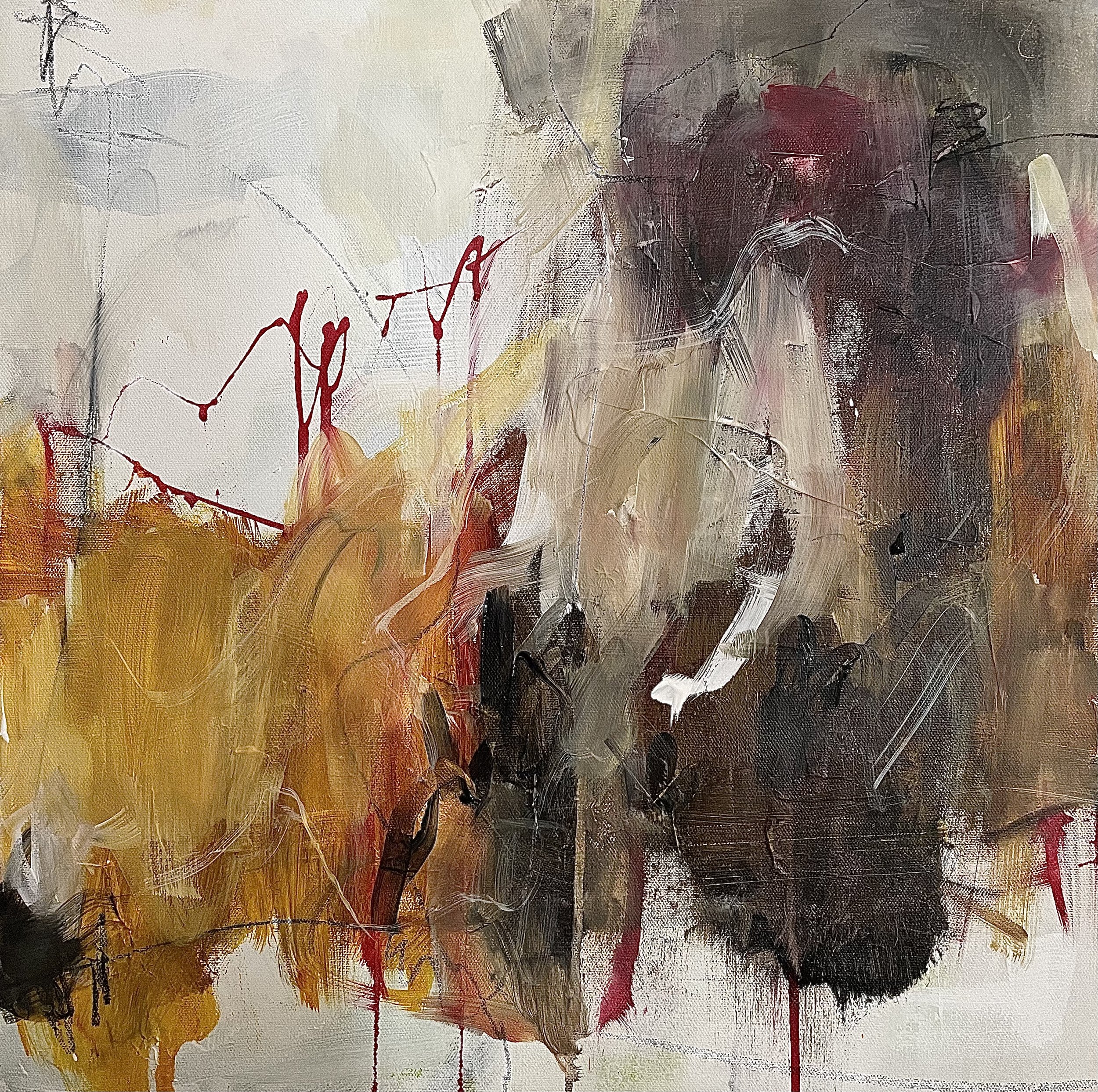 Abstract painting with splashes of black, white, yellow, red, and brown colors.