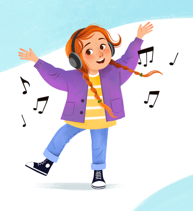 A young girl with red hair in braids, wearing a purple jacket, yellow striped shirt, cuffed jeans, and sneakers, is happily dancing with her arms raised, wearing headphones, surrounded by musical notes.