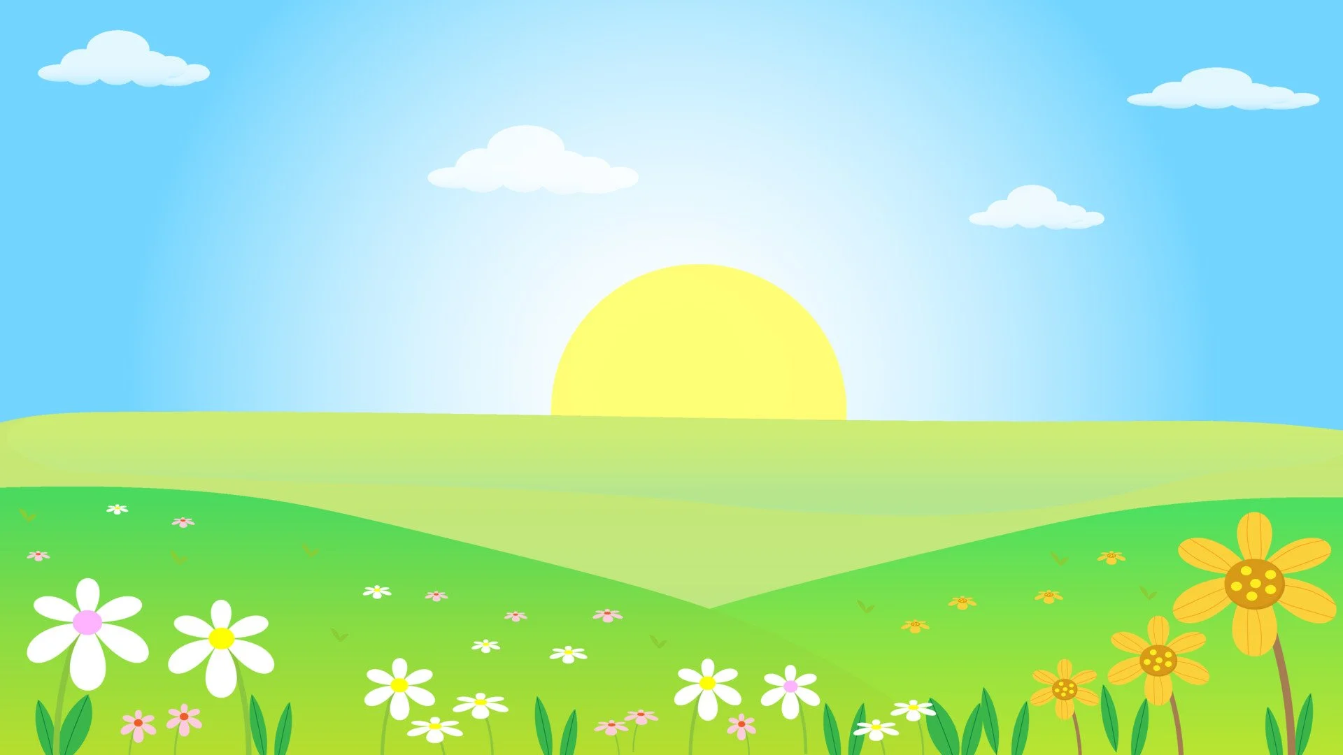 A bright, cartoon-style sunrise over rolling green hills with flowers in the foreground, blue sky, and a few white clouds.