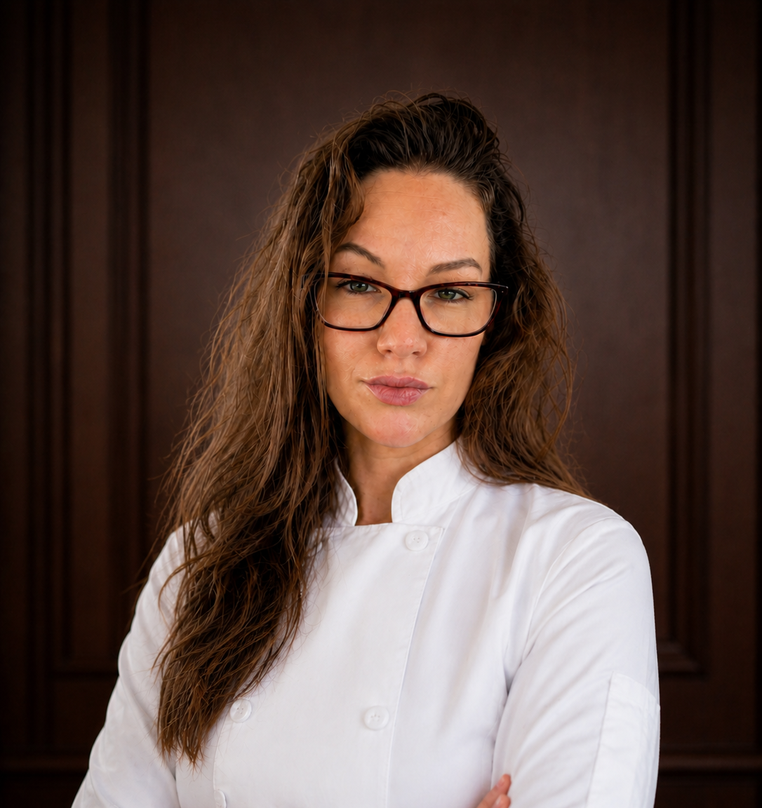 A woman with long, wavy brown hair and glasses wearing a white chef's coat, standing in front of a dark wooden background.