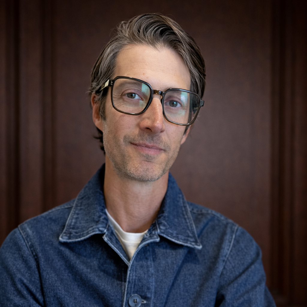A man with gray hair and glasses, wearing a denim jacket, smiling softly in front of a dark wooden background.