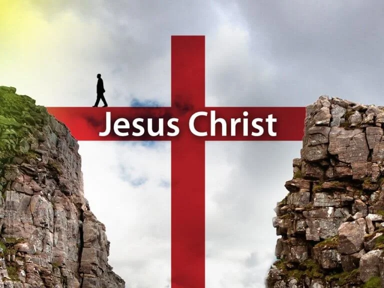 A picture of a man walking across the cross of Jesus Christ, over the gap of sin and death to eternal life