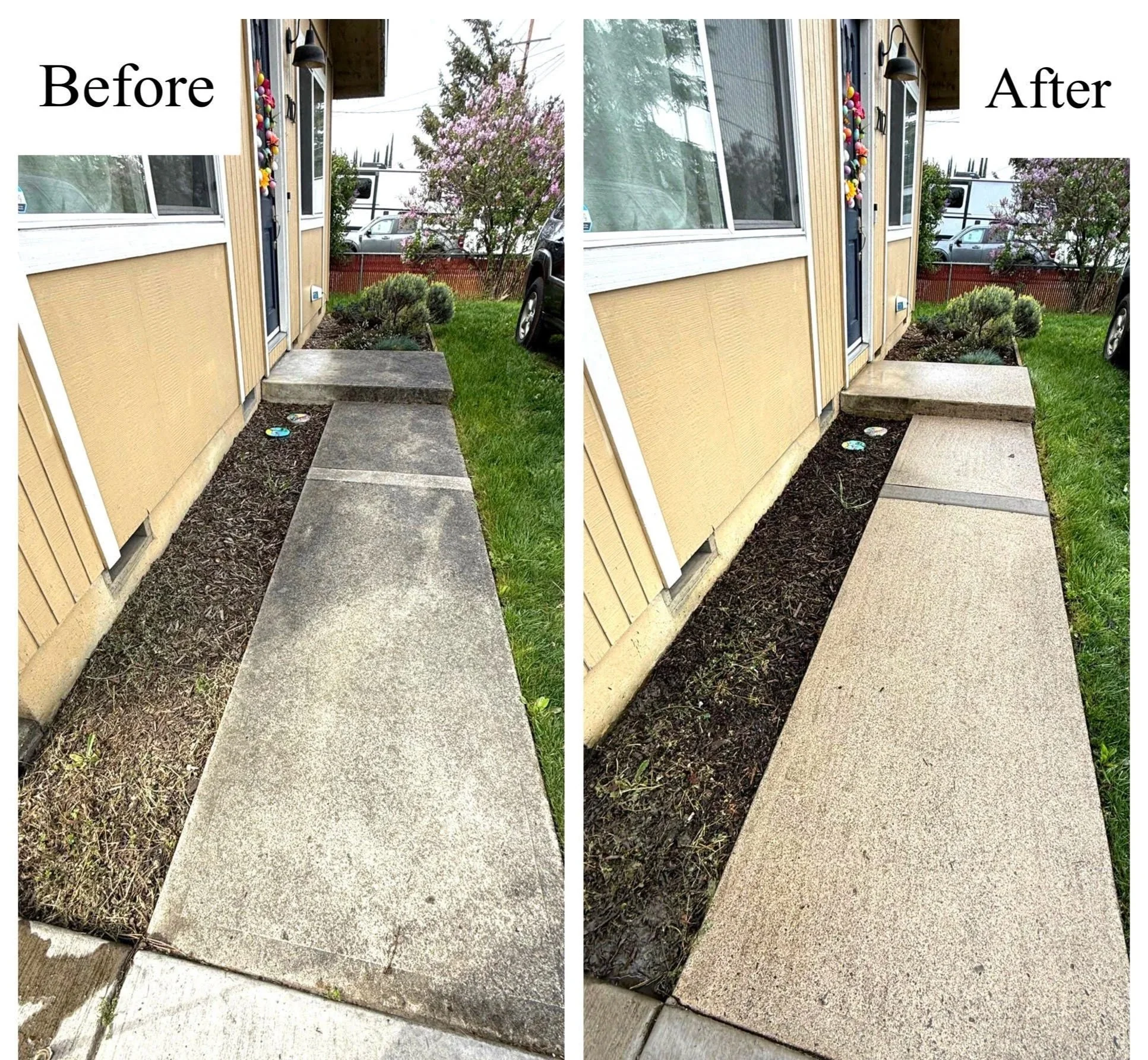 Side-by-side comparison of a front porch area before and after cleaning or renovation. The 'before' image shows a concrete walkway with dirt and debris, while the 'after' image shows the walkway cleaned and free of dirt, with a tidier appearance.