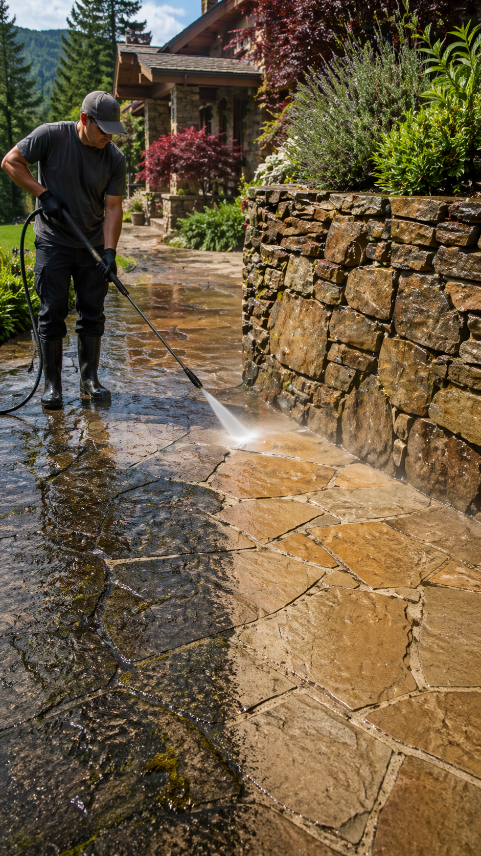 A man wearing black gloves, black pants, a gray shirt, a gray cap, and black rubber boots is pressure washing a stone patio outside a house surrounded by greenery and colorful plants.