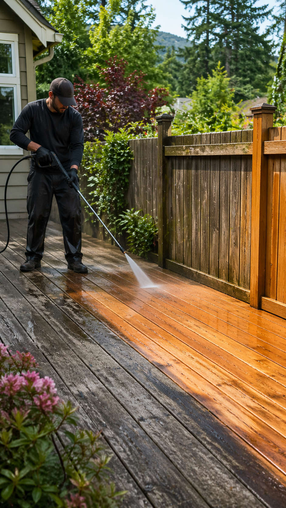 A man in black clothes, a cap, and gloves is pressure-washing a wooden deck outside a house, with a wooden fence and green trees in the background.