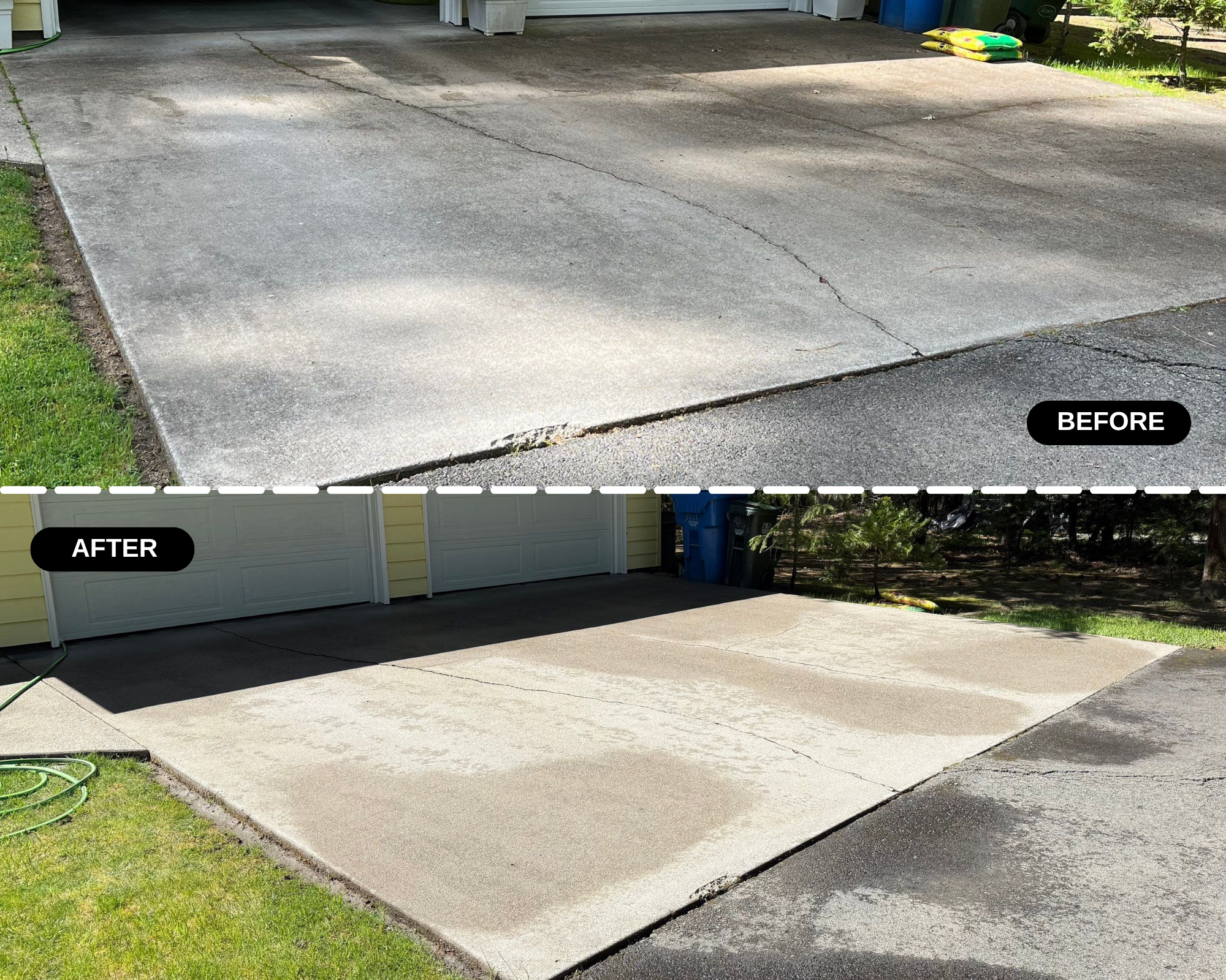Comparison of a cracked driveway before and after patching, showing improved surface in the after image.
