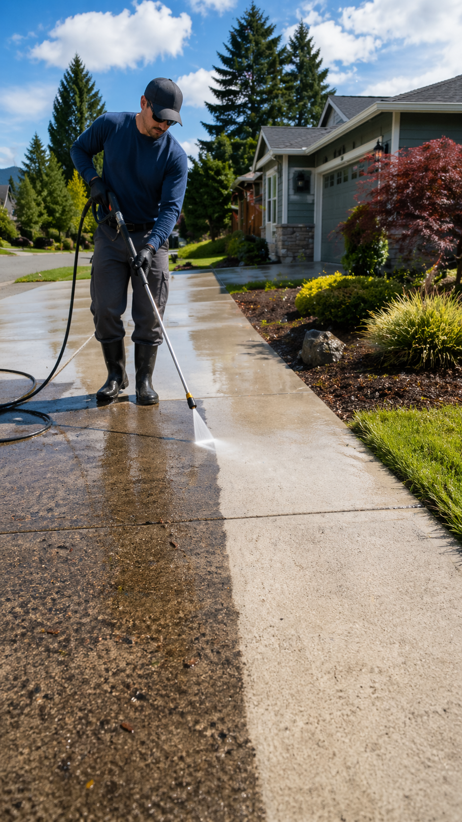 A man washing a concrete sidewalk in a residential neighborhood on a sunny day.