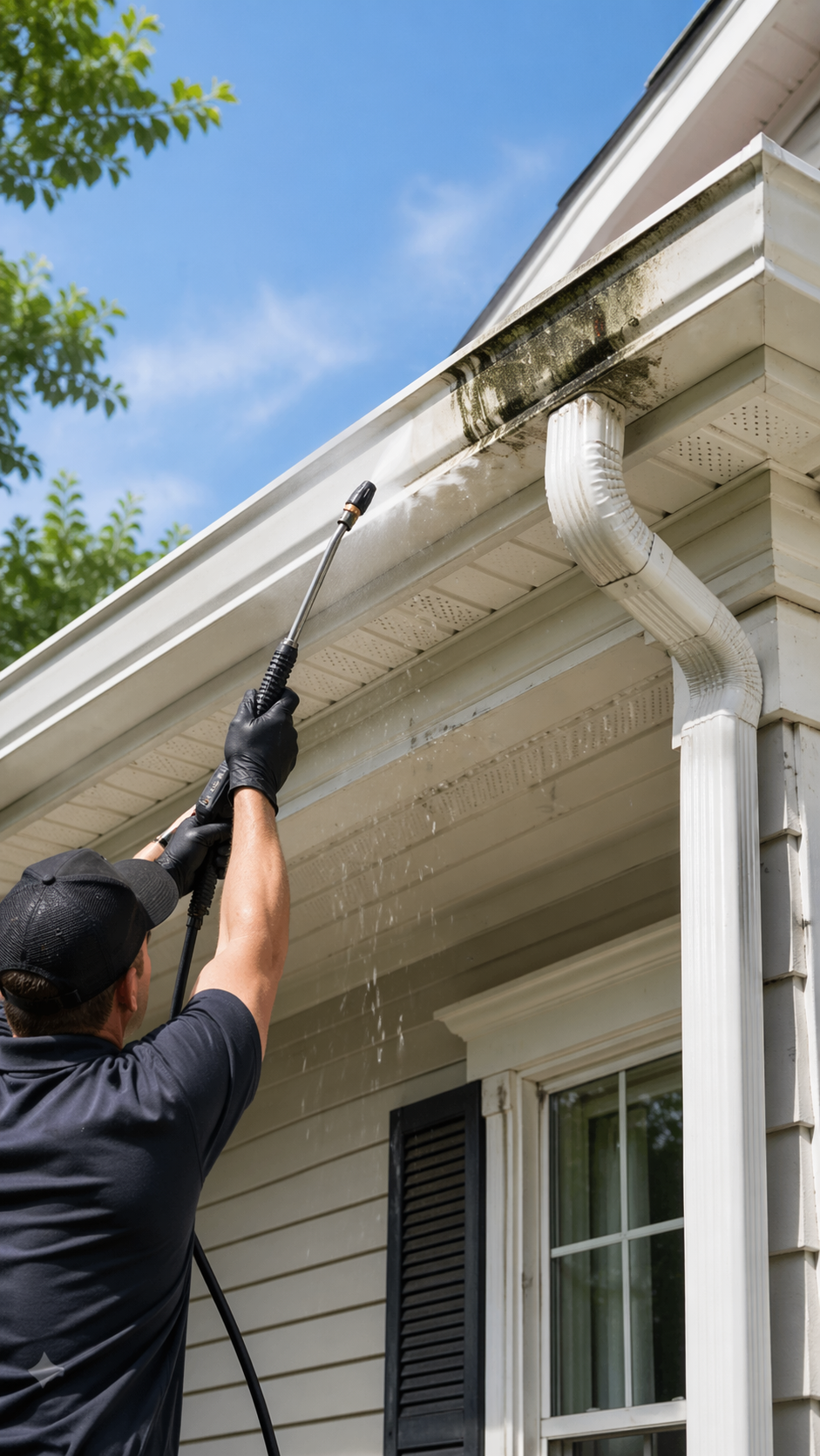 A man wearing black gloves and a black baseball cap pressure washing the exterior of a house's roofline, with water spray visible, against a blue sky with green tree leaves.