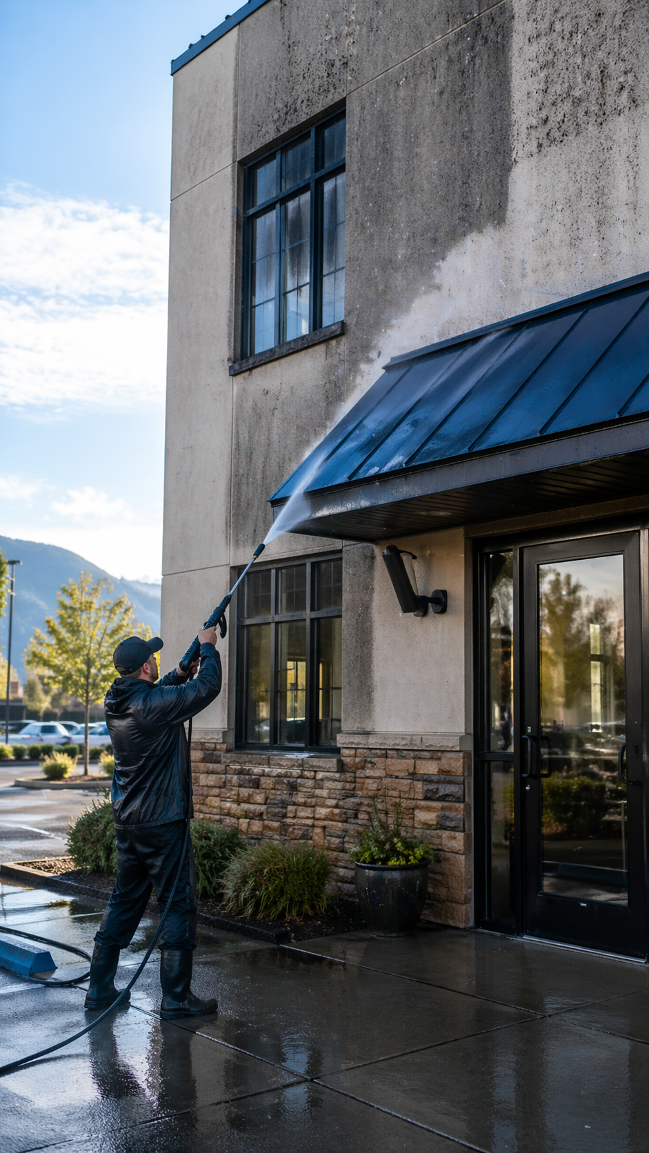 A person using a pressure washer to clean the exterior wall of a building with a wet sidewalk in the foreground.