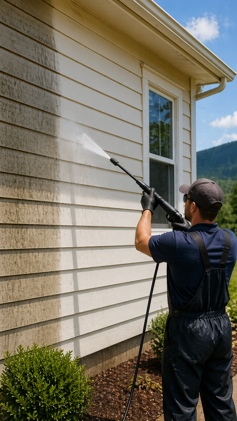 A man power washing the exterior wall of a house with beige horizontal siding under a blue sky.