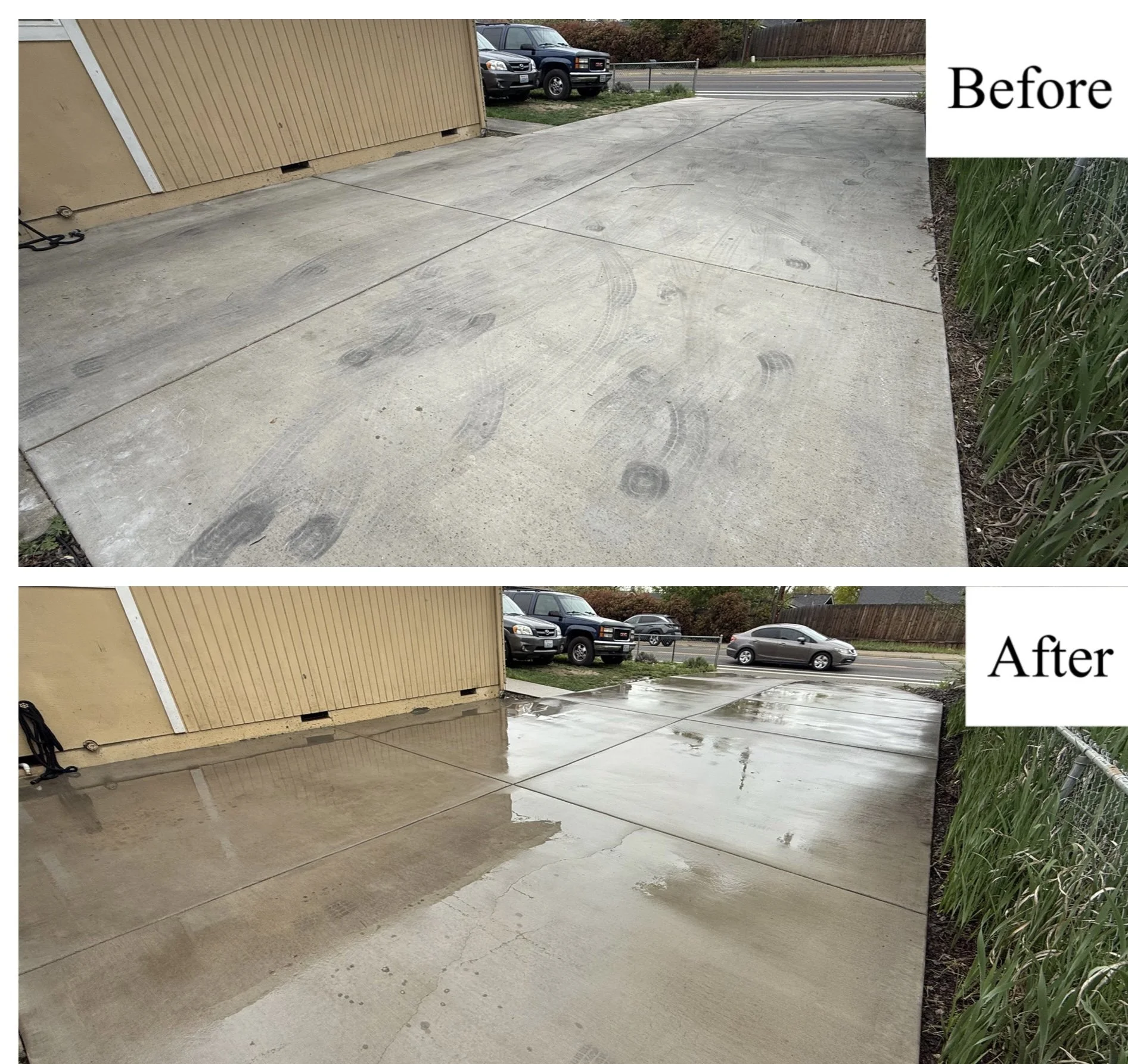Comparison of a concrete driveway before and after cleaning and sealing, showing cleaner, shiny surface in the after image.